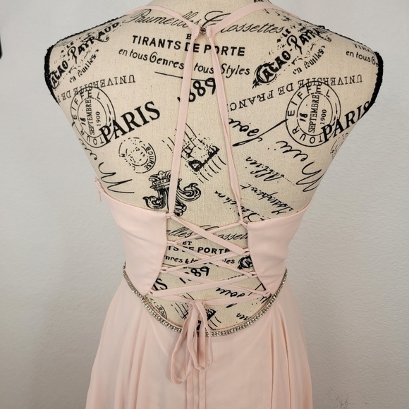 Lulus Sz 2 Maxi Dress Blush V-Neck Under Bust Embellished Corset Back Gown Slit - Picture 7 of 11